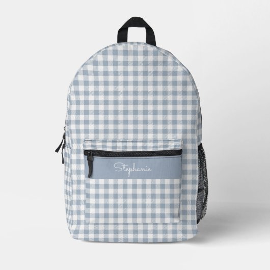 Gingham Kust Plaid Preppy Check Blauw Wit Naam Bedrukte Rugzak (Voorkant)
