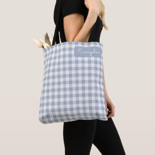 Gingham Kust Plaid Preppy Check Blauw Wit Naam Tote Bag