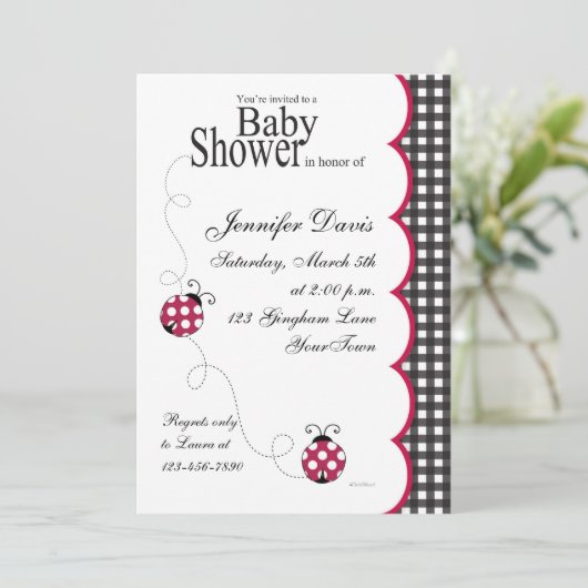 Gingham Lady Bug Baby shower Uitnodiging (Staand voorkant)