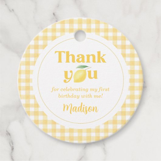 Gingham Lemon Themd 1e verjaardag Bedankjes Labels (Voorkant)