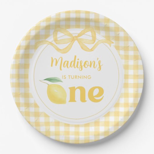 Gingham Lemon Themd 1e verjaardag Papieren Bordje (Voorkant)