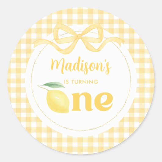 Gingham Lemon Themd 1e verjaardag Ronde Sticker (Voorkant)