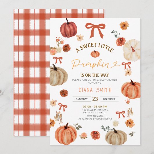 Gingham Little Pumpkin Rustic Baby shower Uitnodig Kaart (Voorkant / Achterkant)