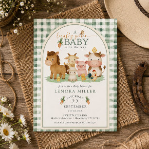 Gingham lokaal gekweekte babyboerderijdieren baby kaart