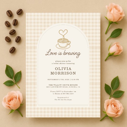 Gingham Love is Brewing Coffee Bridal Shower Kaart