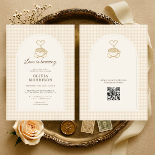 Gingham Love is Brewing QR Code Bruiloftsfeest Kaart