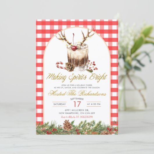 Gingham Making Spirits Bright Christmas Cokctail Kaart (Staand voorkant)