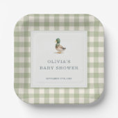 Gingham Mallard Duck Baby Shower Party Papieren Bordje (Voorkant)