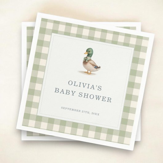 Gingham Mallard Duck Baby Shower Party Servet