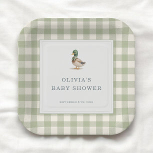 Gingham Mallard Eend Baby Shower Feest Papieren Bordje