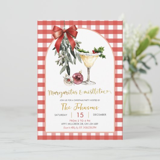 Gingham Margaritas And Mistletoe Friendsmas Party Kaart (Staand voorkant)