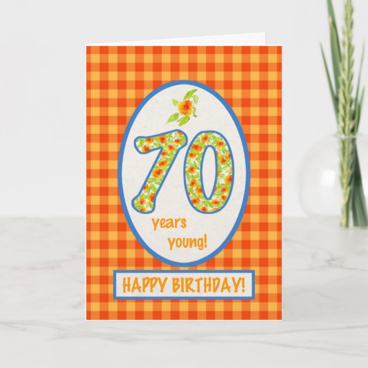 Gingham-marigolds en Check: 70th Birthday Kaart (Voorkant)
