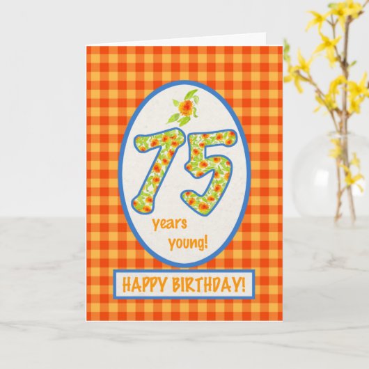 Gingham-marigolds en Check: 75th Birthday Kaart (Gele Bloem)