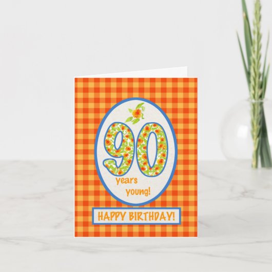 Gingham-marigolds en Check: 90th Birthday Kaart (Voorkant)