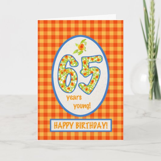 Gingham-marigolds en Check Gingham: 65th Birthday Kaart (Voorkant)
