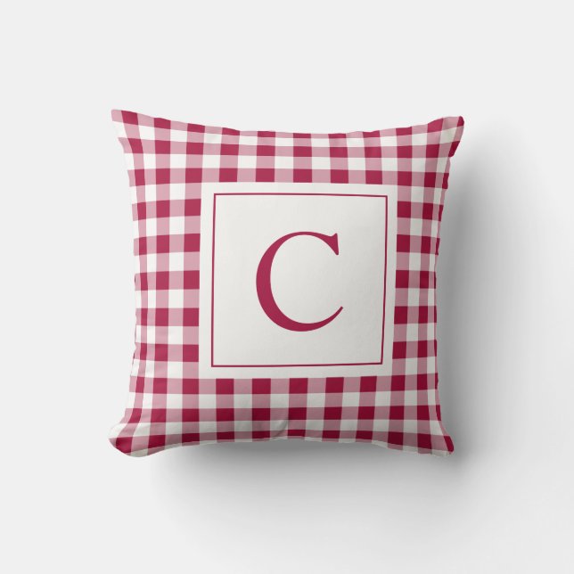 Gingham Maroon Monogram Pillow Kussen (Voorkant)