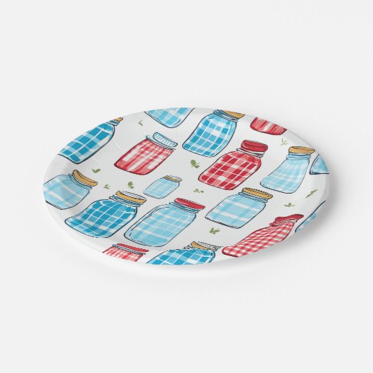 Gingham Mason Jar Pattern – Country Kitchen Charm Papieren Bordje (Gekanteld)