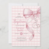 Gingham Meisje Doop Roze Bow Pearl Cross Kaart (Voorkant)