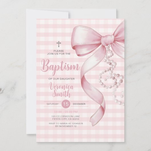 Gingham Meisje Doop Roze Bow Pearl Cross Kaart (Voorkant)