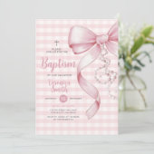 Gingham Meisje Doop Roze Bow Pearl Cross Kaart (Staand voorkant)