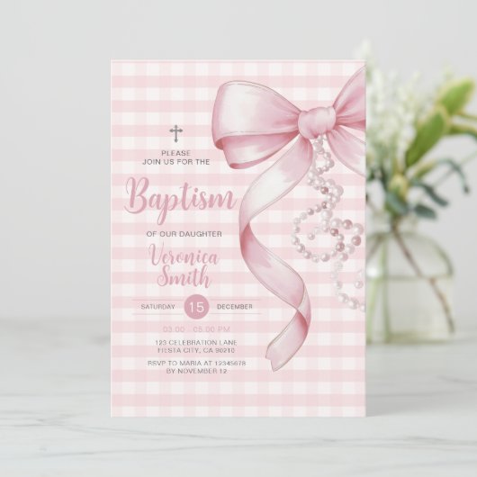 Gingham Meisje Doop Roze Bow Pearl Cross Kaart (Staand voorkant)