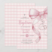 Gingham Meisje Doop Roze Bow Pearl Cross Kaart (Voorkant / Achterkant)