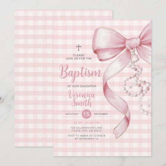 Gingham Meisje Doop Roze Bow Pearl Cross Kaart (Voorkant / Achterkant)