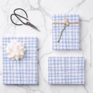 Gingham met de hand getekend modern schattig blauw inpakpapier vel