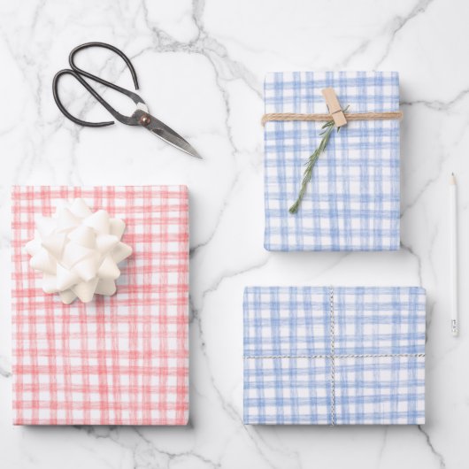 Gingham met de hand getekend modern schattig blauw inpakpapier vel (Voorkant)