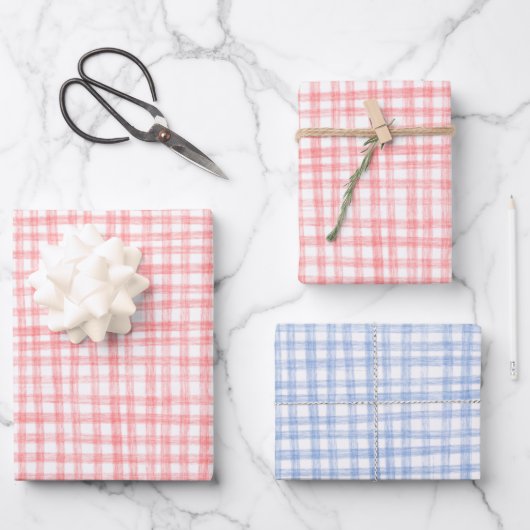 Gingham met de hand getekend modern schattig blauw inpakpapier vel (Voorkant)