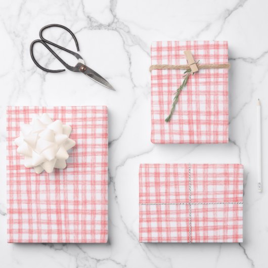 Gingham met de hand getekend modern schattig rood inpakpapier vel (Voorkant)