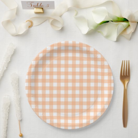 Gingham met Gingham Check Pset Pattern Peach Papieren Bordje (Huwelijk)