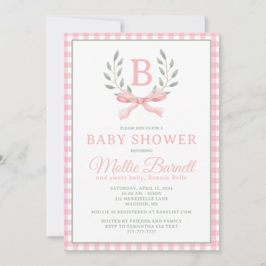 Gingham Monogram Baby shower Invitation Kaart (Voorkant)