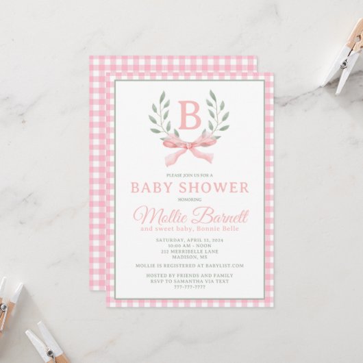 Gingham Monogram Baby shower Invitation Kaart (Voorkant / Achterkant in situ)