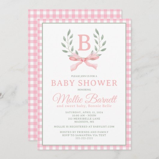 Gingham Monogram Baby shower Invitation Kaart (Voorkant / Achterkant)