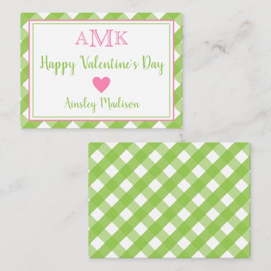Gingham Monogram Valentijnse klaslokaalkaarten Notitiekaartje (Voorkant / Achterkant)
