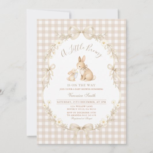 Gingham Neutral Bunny Baby Shower Invitation Kaart (Voorkant)