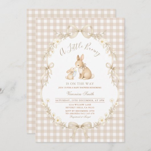 Gingham Neutral Bunny Baby Shower Invitation Kaart (Voorkant / Achterkant)