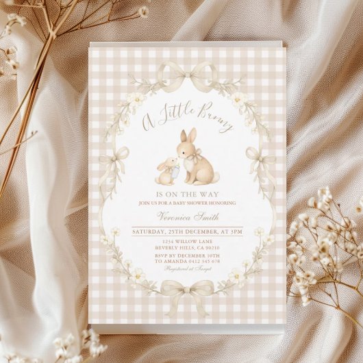Gingham Neutral Bunny Baby Shower Invitation Kaart