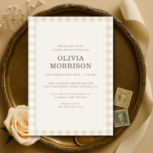 Gingham neutrale beige baby shower kaart