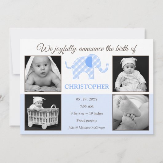 Gingham olifant baby jongen foto geboorte aankondi aankondiging (Voorkant)