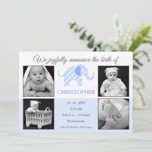 Gingham olifant baby jongen foto geboorte aankondi aankondiging (Staand voorkant)