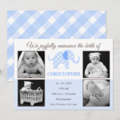 Gingham olifant baby jongen foto geboorte aankondi aankondiging (Voorkant / Achterkant)