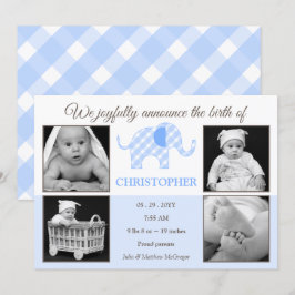 Gingham olifant baby jongen foto geboorte aankondi aankondiging