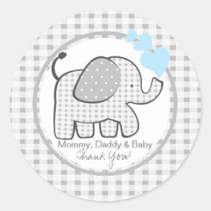 Gingham Olifant met Blauwe Harten Ronde Sticker