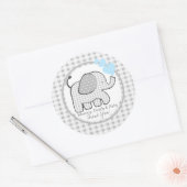 Gingham Olifant met Blauwe Harten Ronde Sticker (Envelop)