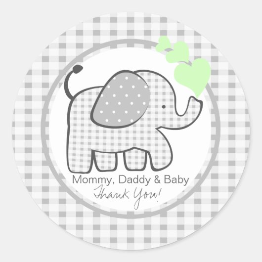 Gingham Olifant met Groene Harten Ronde Sticker (Voorkant)