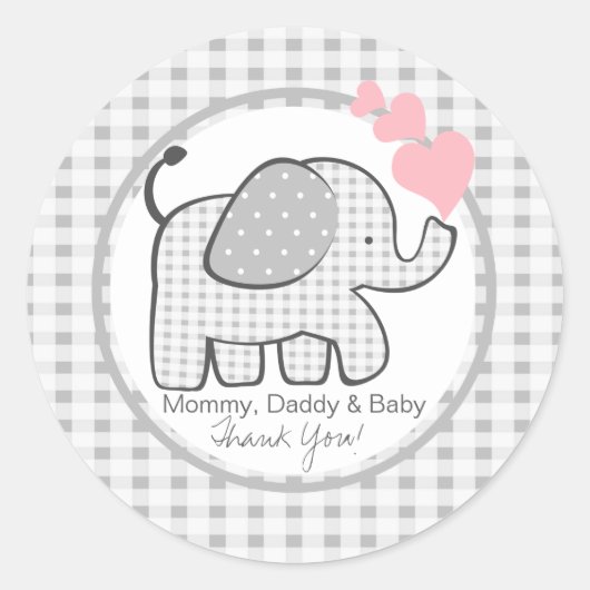 Gingham Olifant met harten Ronde Sticker (Voorkant)