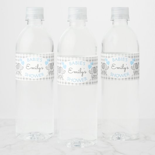 Gingham Olifanten met Blue Hearts Baby shower Waterfles Etiket (Flessen)