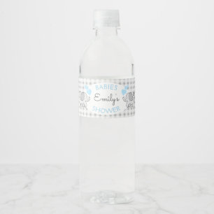 Gingham Olifanten met Blue Hearts Baby shower Waterfles Etiket